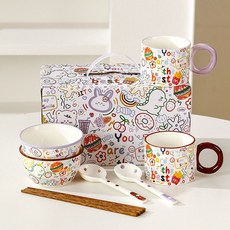卡通塗鴉陶瓷碗碟盤四人餐具套裝，創意網紅居家喬遷入厝禮盒, 1個, 塗鴉二人食8頭小套裝