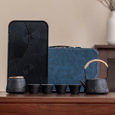 黑陶陶瓷茶具收納包 手提硬包 便攜旅行茶壺茶杯泡茶整套商務禮品, 海浪提樑壺茶具小套組—雅黑, 1個