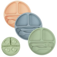 寶寶矽膠吸盤餐盤 兒童學吃飯訓練餐具 防摔防漏 嬰幼兒自主進食餐具, （餐盤+叉勺）粉色1525#, 1個