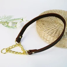 가죽 헤비 듀티 개 목줄 마틴게일 메탈 체인 안전하고 사용하기 쉬운 훈련 및 산책용, 02 S (neck 23-33cm), 01 Brown (gold chain)