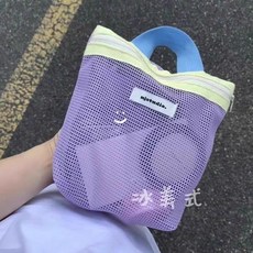 ins便攜洗漱包多功能收納袋手提浴室瀝水健身游泳旅行網格沙灘包, 紫色+玫紅,鏤空【洗漱包+化妝包+收納包】