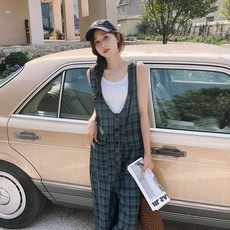 딥그린 빈티지 체크 멜빵바지 여성용 중장기장 여름 와이드 팬츠