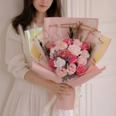레아토 비누꽃다발 프리저브드 조화 꽃다발 생일 기념일 축하 선물 +쇼핑백+LED전구+카드, 1개, 러블리핑크