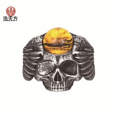 歐美風維京獨眼骷髏頭鈦鋼戒指男 不鏽鋼漫畫風鑲石指環飾品