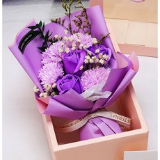 비누꽃 꽃다발 + 쇼핑백 세트 + LED + 박스케이스, 1개, 퍼플꽃