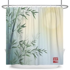대나무 샤워 커튼 미니멀리스트 녹색 프린트 방수 욕실 장식용 폴리에스터 후크 포함