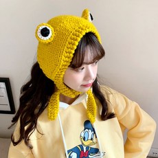 귀여운 여성 겨울 귀도리 왕눈이 개구리 니트 귀마개, 아이보리