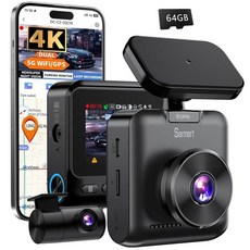 Sarmert C2 4K 듀얼 대시 캠 전면 및 후면 - 내장 GPS 5G Wi-Fi 무료 64GB 카드 포함 자동차용 UHD 카메라 야간 시야 WDR 루프 녹화 앱