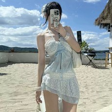 女款分體三件套泳衣 清新純欲比基尼 海邊溫泉度假, 藍色