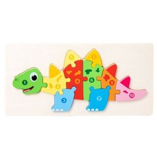 幾何圖形板玩具 穿線時鐘 手抓板拼圖 串珠 數字時鐘 疊疊樂 形狀配對 套柱積木 木製玩具 益智手抓板 長形拼圖, 1個, 寬版拼圖-劍龍 1120-11