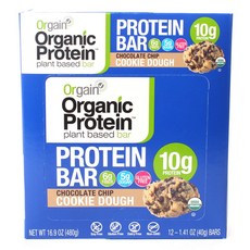 Orgain 植物蛋白棒巧克力曲奇麵團 12 條 10 克蛋白質無麩質素食, 1個, 480克