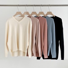 니트코어 여성 봄 가을 겨울 간절기 부드러운 촉감 고퀄 원단 옆트임 언발 베이직 기본 브이넥 긴팔 니트 니트티 티셔츠