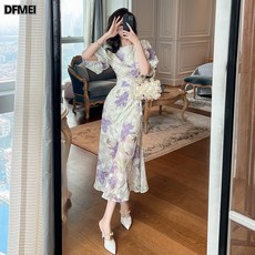 DFMEI 여름 하늘하늘 라운드 벌룬 슬림핏 프린트 머메이드 원피스 30110