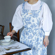 法式復古圍裙 家用防潑水全棉圍腰罩衣, 青花藍調（帶標款）