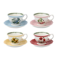 PORTmeIRION 波特玫琳恩 植物園露台咖啡杯4入 + 杯盤4入組 HMA, 繡球花 + 仙客來 + 向日葵 + 罌粟花, 1套