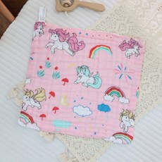 六層紗布口水巾方巾小方巾：柔軟吸水、多用途寶寶手帕、兒童洗臉巾、幼兒園必備, 1個, A-15-粉色獨角獸【30*30】, 白色