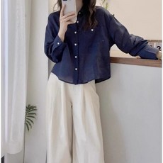 루스리더 여성 하트 단추 린넨 크롭 긴팔 셔츠 M280