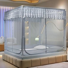 TU型三開門自帶床笠蚊帳, 藍灰回底自帶牀笠TU型三開門,150*200cm加粗鐵藝烤漆杆