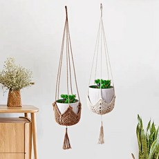 행잉화분걸이 마크라메 주머니 플랜트행잉 공중화분걸이 고급형 황마 그물 밧줄, 브라운(황마)