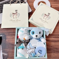 精美彌月禮盒套裝：紗布巾、大象玩偶、固齒器、安撫巾，新生兒寶寶生日禮物首選, 竹纖紗彌月禮盒【車車+奶嘴小狗娃娃】安撫娃娃, 1個