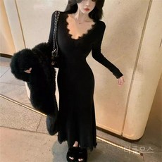 티류으스 여성 가을 겨울 블랙 브이넥 레이스 롱슬리브 핏플레어 원피스 허리라인 슬림핏 포멀 드레스 Lyw