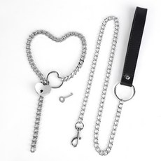 心動束縛 金屬愛心鎖鏈項圈 牽引繩，愛心設計，金屬材質，堅固耐用，多種尺寸選擇, 1個, 心動束縛牽引繩, 銀色