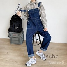 [Myshe]남성 데님 멜빵바지 캐주얼 루즈핏 와이드 청바지 Cow616BD10, 싱글룩(파란 멜빵바지), XL