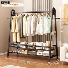 DFMEI 牀邊簡易掛衣架落地臥室內家用衣帽架可移動客廳陽臺曬晾衣服架子, 曜石黑-長150*高170丨升級雙層置物網籃【加粗22管】