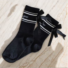 런스트림 여성골프양말 리본 2줄 레터링 양말 2족, 1세트, 블랙+블랙