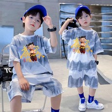 新款上衣 男童套裝 男童短褲 男童涼感衣 男童休閑運動套裝 哪吒衣服 哪吒男童夏季套裝新款韓版兒童夏裝紮染