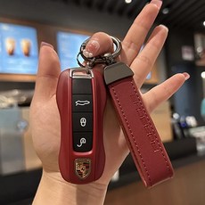 포르쉐 호환 가죽 키케이스 파나메라 타이칸 911 마칸 카이엔 키홀더 키커버, 보르도 레드 키 쉘 + C타입 버클