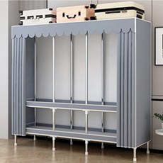 [시스슈] 이동식 3단 조립식 옷장 - 강화 철제 프레임 + 대용량 하단 수납 & 먼지방지 커튼이 장착된 합금 간이 옷장, 회색