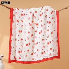 DFMEI 嬰兒紗布浴巾a類高密六層初生兒童毛巾被子新生兒寶寶洗澡超柔軟, 1個, 六層寬邊-笑臉草莓:110*110