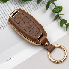 현대 펠리세이드 싼타페 TM CN7 i30 그랜져 IG 코나 호환 TPU 가죽 키케이스 키홀더 키링, 4버튼(TL29), 브라운골드