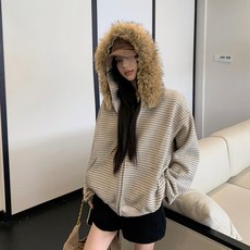 러우 여성 기모 퍼후드 집업 루즈핏 스트라이프 퍼 후드집업 털 자켓