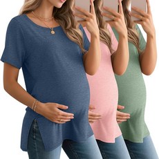 BAGGY 배기fly 여성용 임산부 셔츠 반소매 라운드넥 사이드 스플릿 상의 루즈핏 여름 캐주얼 엄마 의류 3팩 오렌지 그래스 그린 크림 XL 190963, 그레이 블루, 라이트 핑크, 라이트 그린