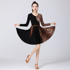 Makone 여성 라인 라틴 호피 댄스복 원피스 왈츠 줌바 사교 방송 스포츠 댄스의상, XL, 블랙호피