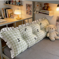 清新格紋長枕 靠墊抱枕 可愛花邊蝴蝶結造型臥室裝飾，柔軟舒適多功能, 抹茶蝴蝶結【加厚+固定綁帶】, 1件