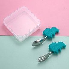 寶寶短柄學習餐具 台灣現貨 獨立包裝 316不鏽鋼兒童餐具 短柄叉勺 學習叉勺 短柄餐具 寶寶勺叉 湯匙 叉子, 008 綠色小牛, 1個, 叉勺