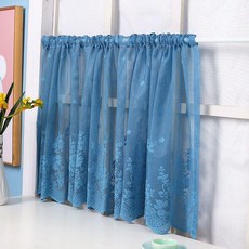 免打孔自粘式蕾絲繡花短簾 廚房櫃子遮擋裝飾半簾, 蕾絲小花藍色 穿杆款 不含杆,平鋪寬100高40一片式