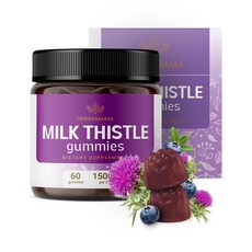 HERBAMAMA 밀크 씨슬 보충제 - 간 클렌징용 밀크 씨슬 씨앗 젤리 1500mg - 비건 실리범 마리아눔 함유 간 지원 - 펙틴 기반 블루베리 맛 츄 60개, 1개