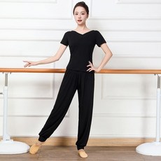 V領成人女莫代爾舞蹈練功服套裝 黑色短袖上衣+哈倫褲, 雙V領 黑色短袖+哈倫褲,6XL