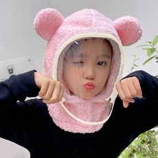 冬季保暖防風頭套 圍脖一体式套頭帽 學生成人電動車用熊造型帽, 成人款-【無口罩】韓粉色,雙層加厚款--蓄熱溫暖絨, 1個