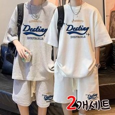 1+1 2세트 반팔 트레이닝복 루즈핏 캐주얼 레터링 반팔 반바지 투피스 빅사이즈 여름 시원한 데일리복 상하의