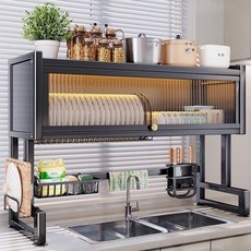 廚房檯面水槽洗碗置物架 碗碟水池防塵碗櫃 收納多功能櫃門碗盤瀝水, 1個, 加厚雙層-65cm長【送全套掛件】,【航空碳鋼款】精緻黑+質保十年