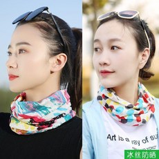冰絲圍脖帽 兩用 防曬 透氣 騎行 護頸頭巾, 彩色塗鴉和圓點彩色, 1個