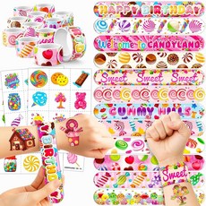 72피스 CAND &ylAND & 파티 세트 임시 타투 48개 및 슬랩 팔찌 24개 재미있는 캔디 테마 생일 용품 베이비 샤워 선물 교실 보상 장식 아동용 (남아 여아), 72피스 CAND &ylAND & 파티 세트, 임시 타
