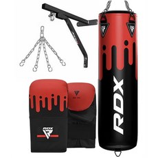 RDX 沙包四件組 長筒吊掛沙袋 附吊鍊固定架與拳套, 紅色（未填充）,120cm