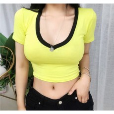 해피유통여름 여성 크롭 반팔 티셔츠 슬림핏 로우넥 학생 데일리 상의