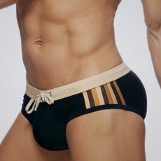 UXH簡約時尚純色側邊條紋繫繩附罩杯運動沙灘溫泉游泳男士泳褲 (三角/四角)